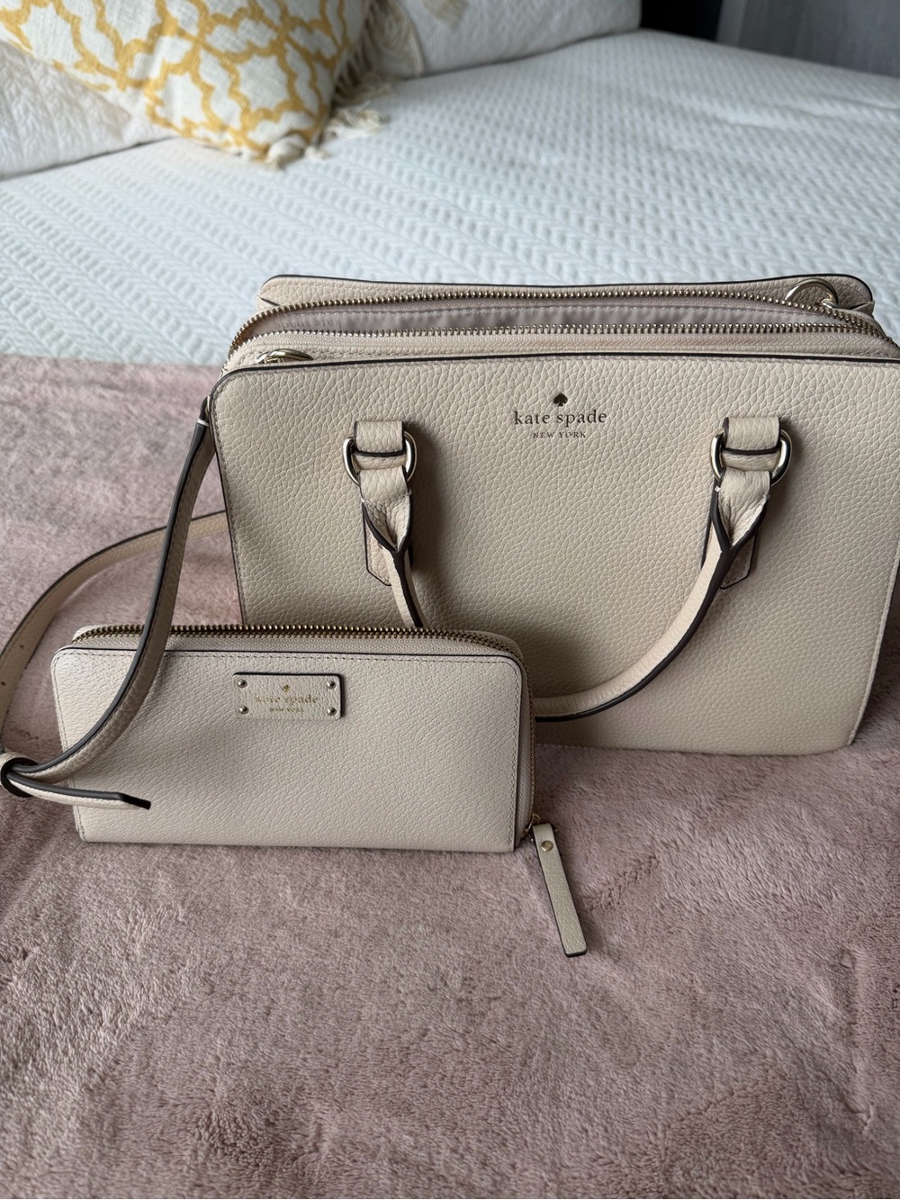 Kate Spade Pebbled Leather Satchel and Wallet in Light Beige